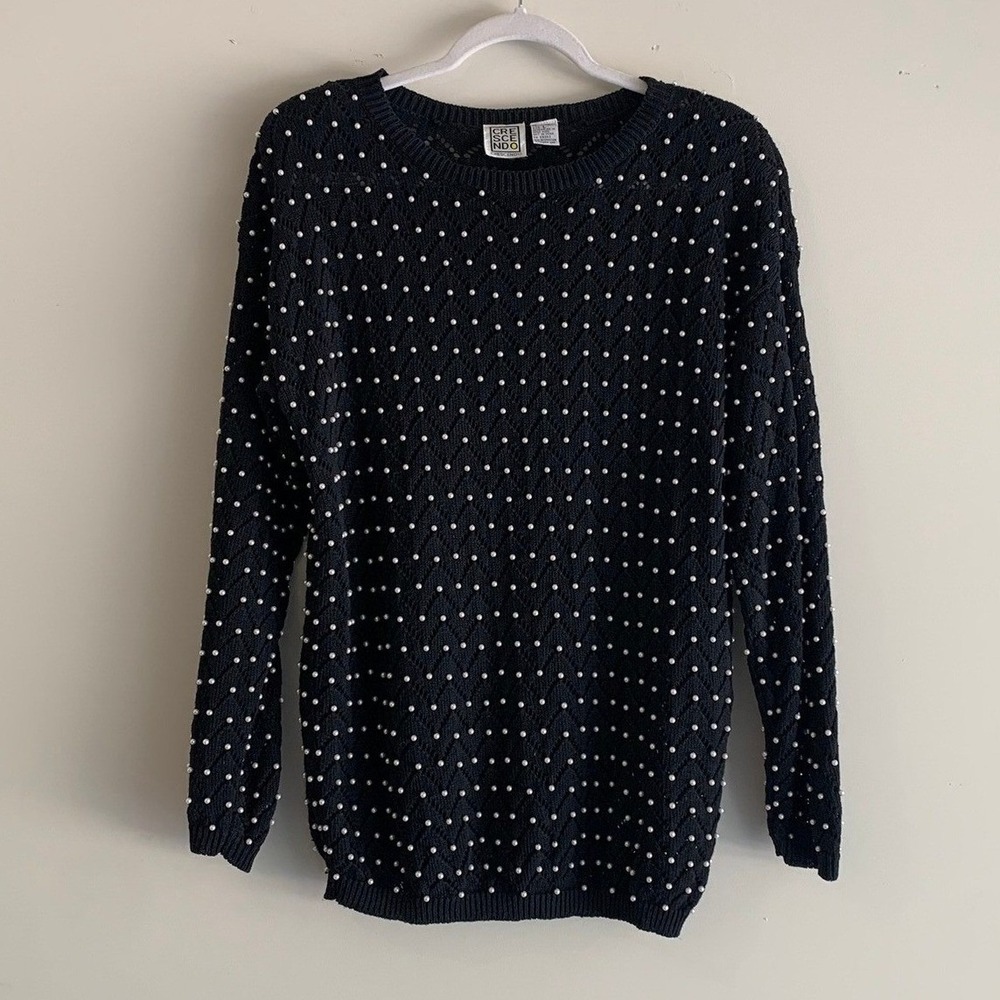 Vintage Crescendo Pearl Beaded Women Knit Sweater Black Ramie Cotton L